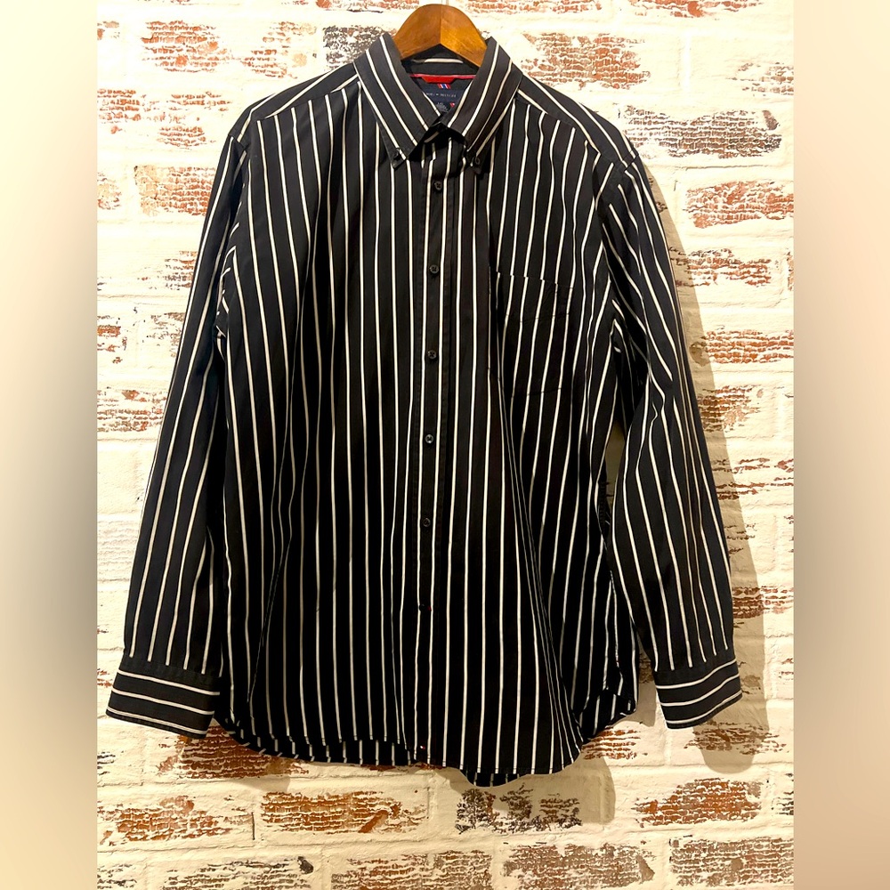 Tommy Hilfiger Black and White Striped Button-Up Shirt